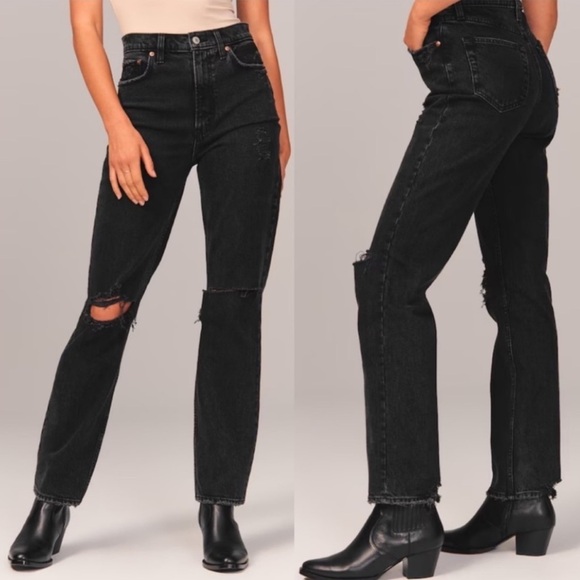 ABERCROMBIE & FITCH The 90’s Straight Ultra High Rise Black Distressed Jeans - Picture 3 of 10